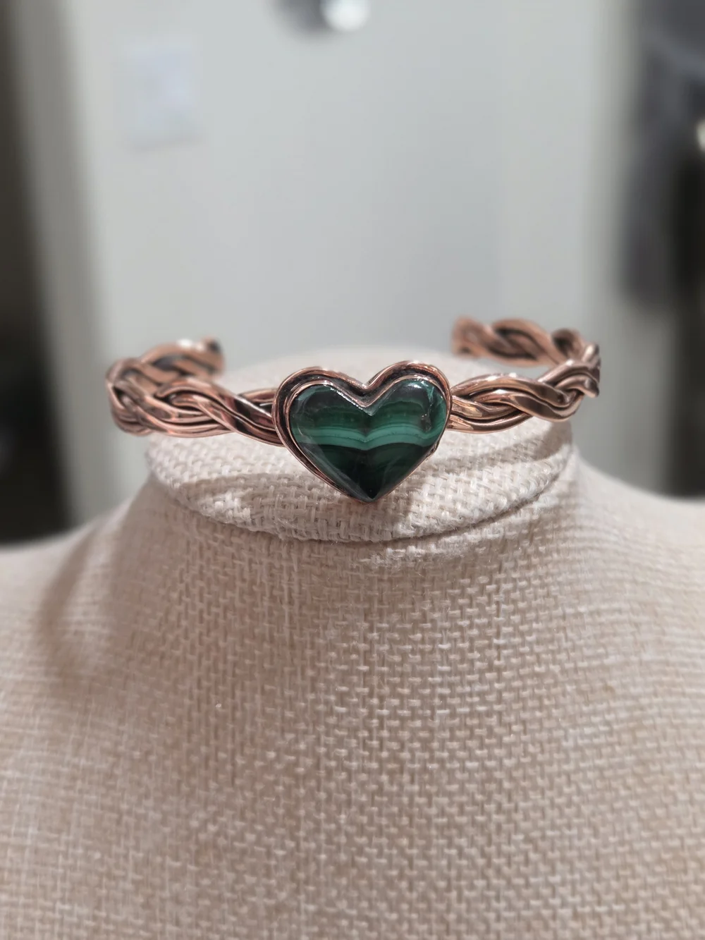 Solid Copper Stone Genuine Malachite Heart Bracelet - - Picture 5 of 5